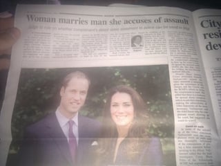 Newspaper headline 'woman marries man she accuses of assault' above picture of some stupid royals who got married recently, I think