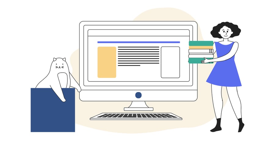 Articulate diagram of a computer screen, a girl holding a stack of books and a cat in a box