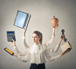 Woman with multiple arms holding different things: delegation