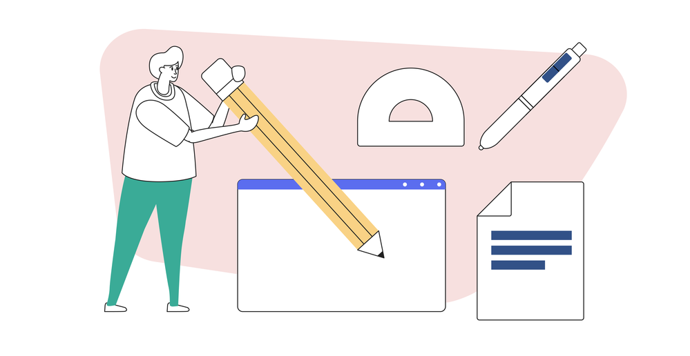 Articulate diagram of a man holding a giant pencil surrounded by other writing tools