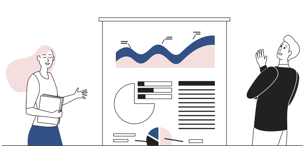 Image shows a woman and a man in front of a whiteboard with graphs and pie charts