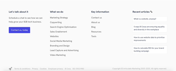 Screenshot of Articulate Marketing's website footer